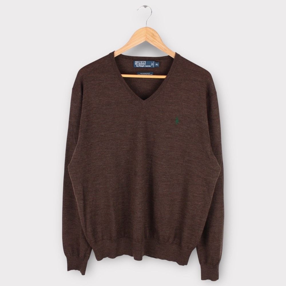 Polo Ralph Lauren Men's Brown V-Neck Wool Sweater Size M Classic Preppy